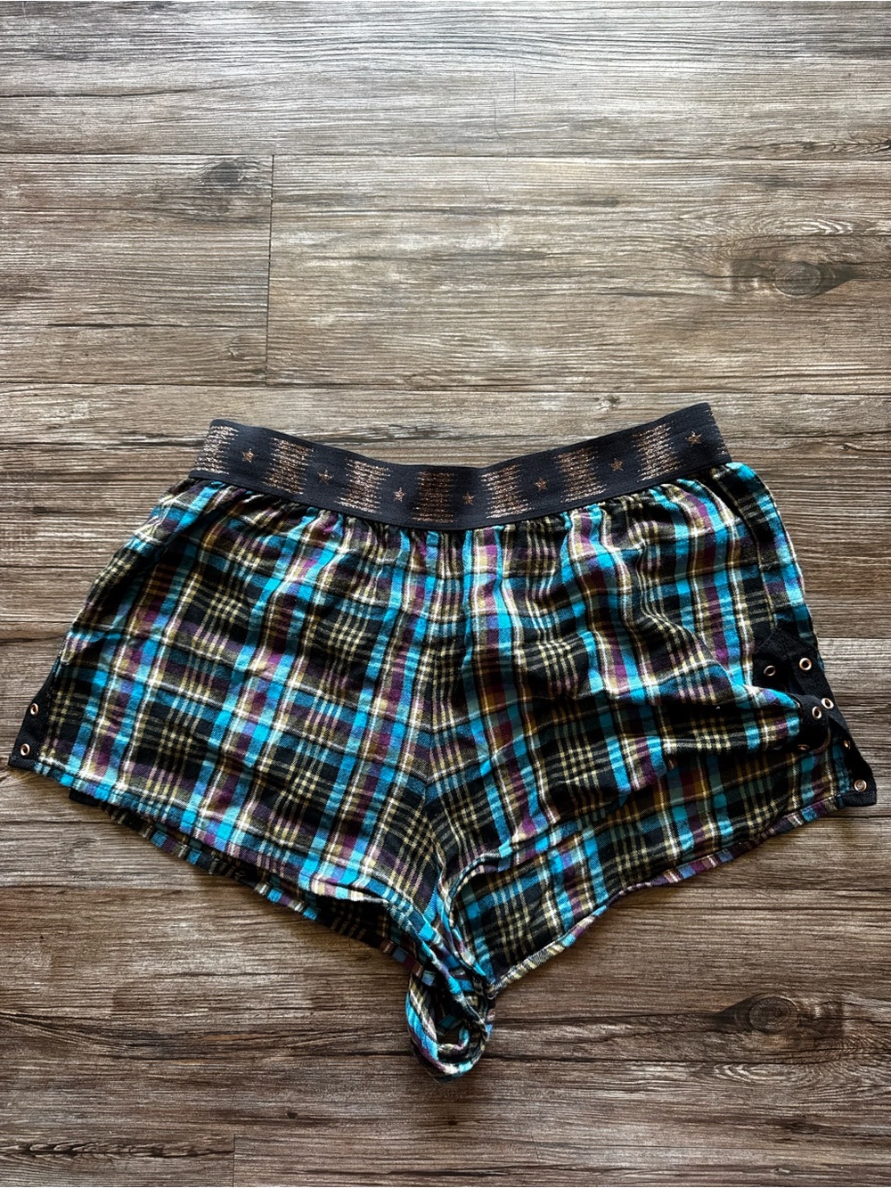 Savage X Fenty Plaid Lounge Shorts in Teal and Black